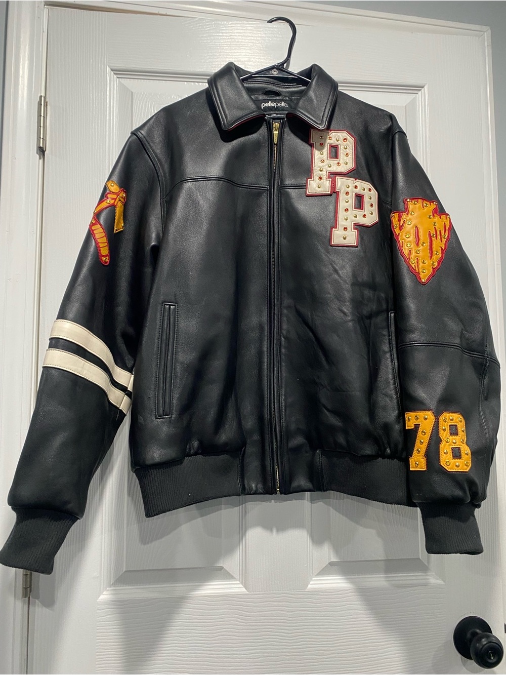 Pelle Pelle Leather Coat Black Leather Varsity Jacket (Renegades) Large
